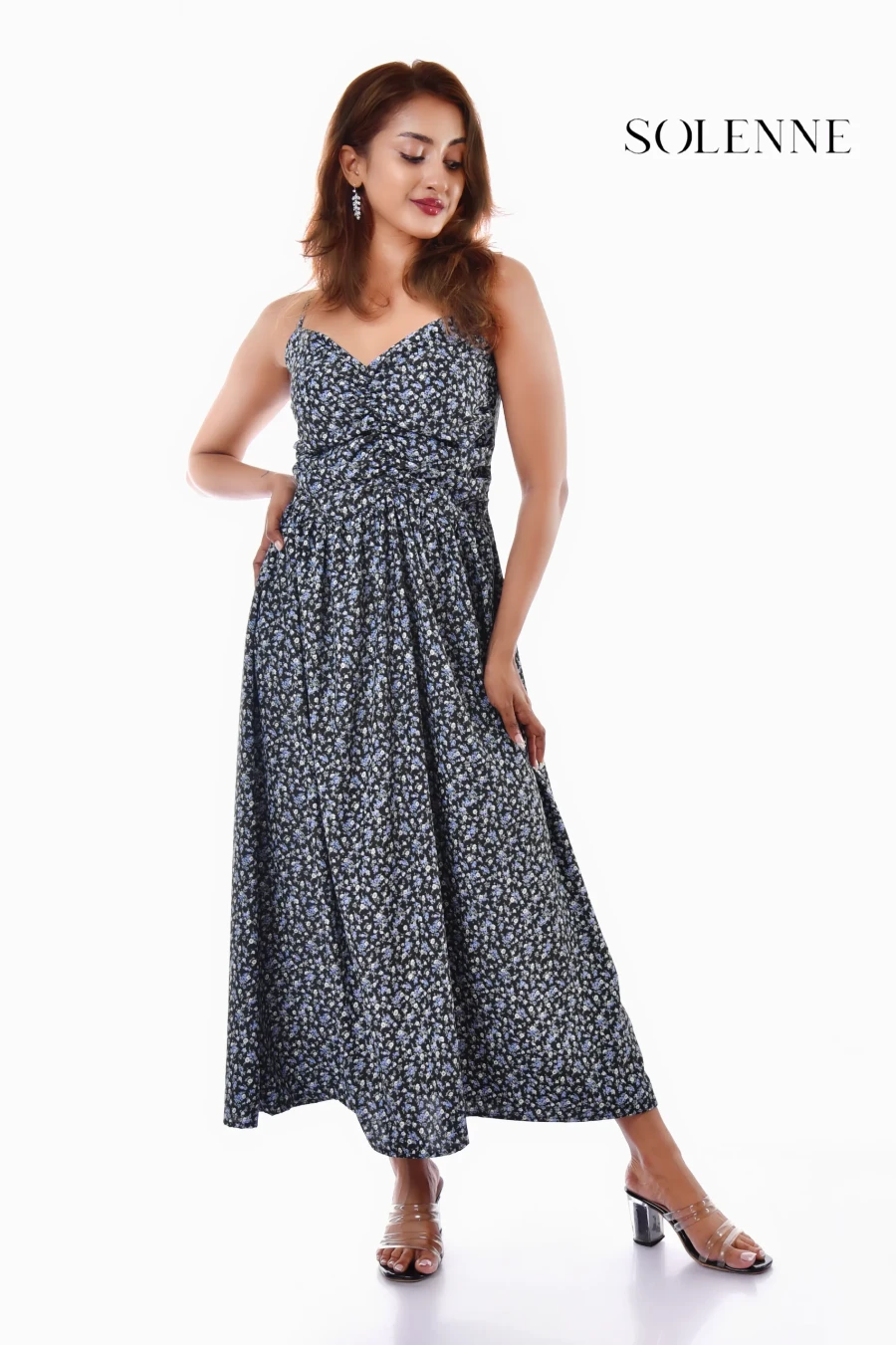 Solenne Bleu Blossom Ruched Dress