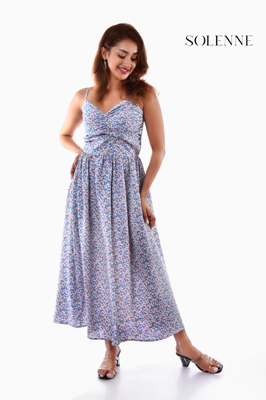 Solenne Bleu Blossom Ruched Dress